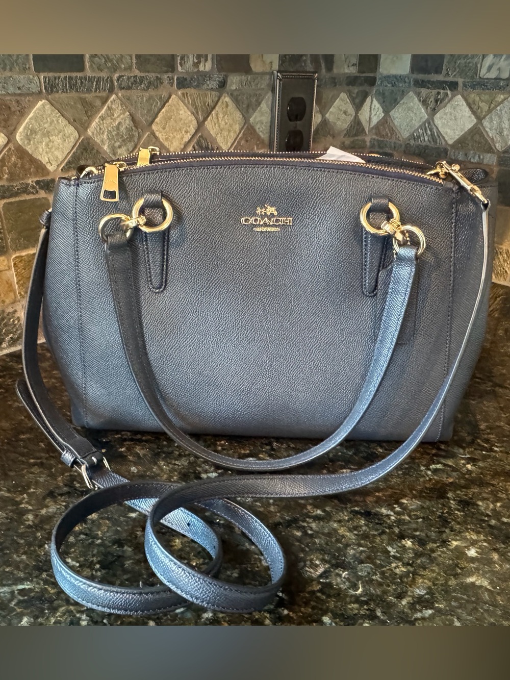 Coach Midnight Blue Purse with Gold Hardware and Crossbody Strap